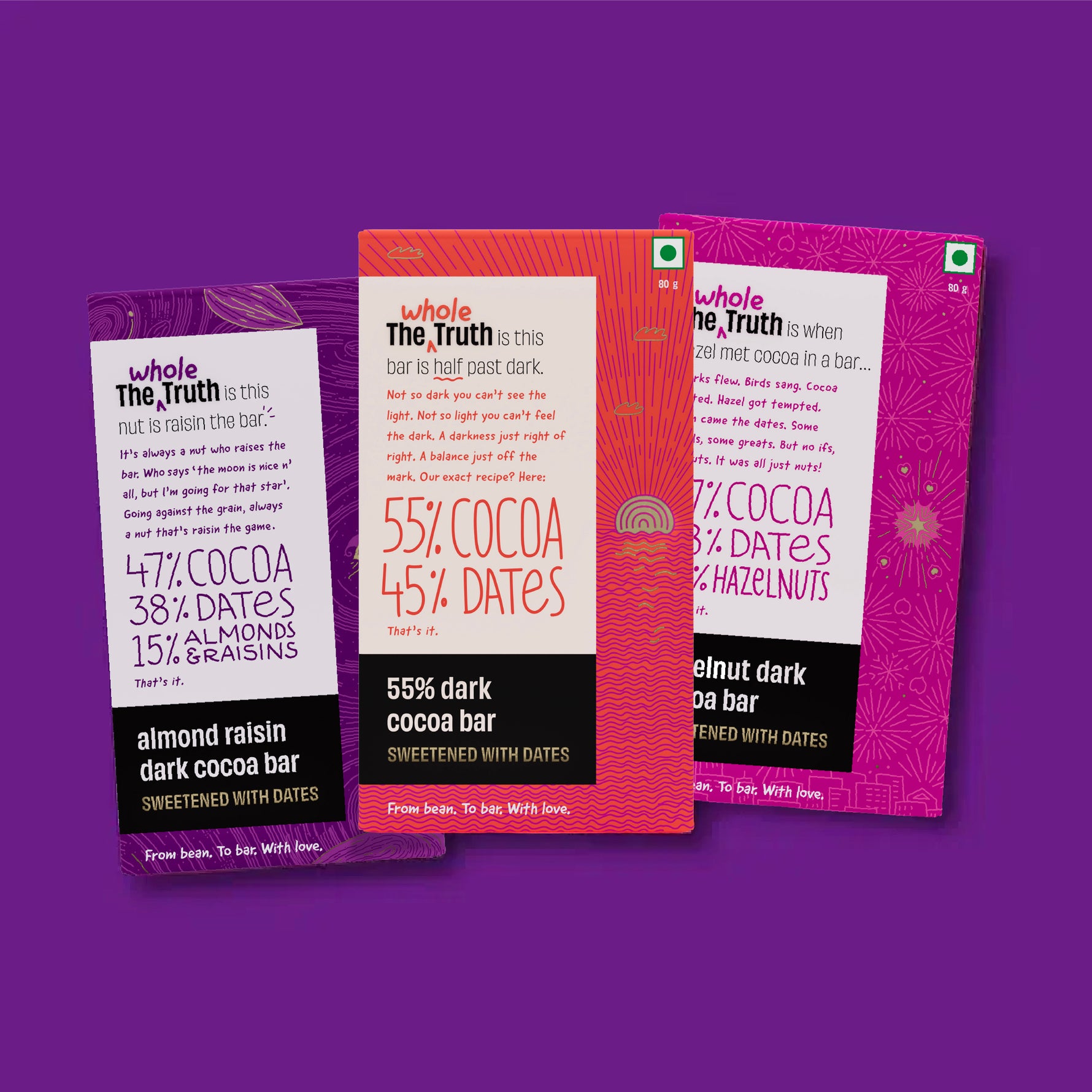 Assorted 47% Dark Cocoa Bar Sweetened with Dates - Pack of 3