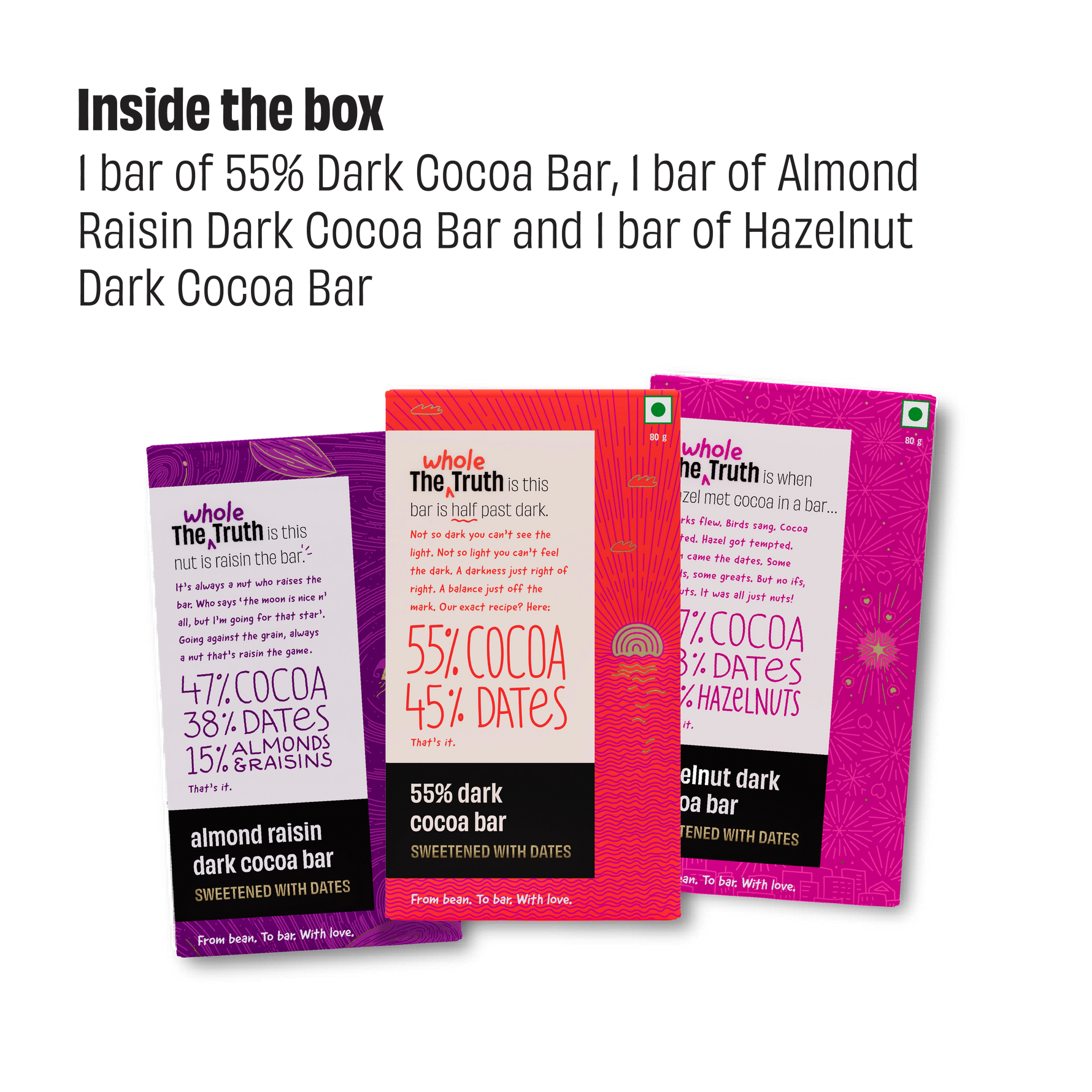 Assorted 47% Dark Cocoa Bar Sweetened with Dates - Pack of 3