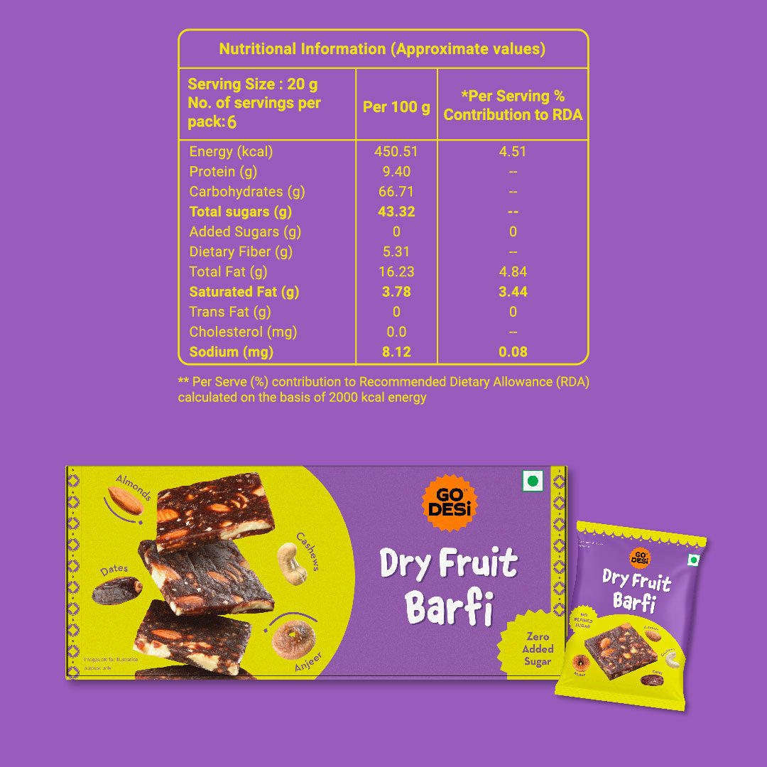 Dry Fruit Barfi | Made with 93% Dry Fruits | Pack of 6
