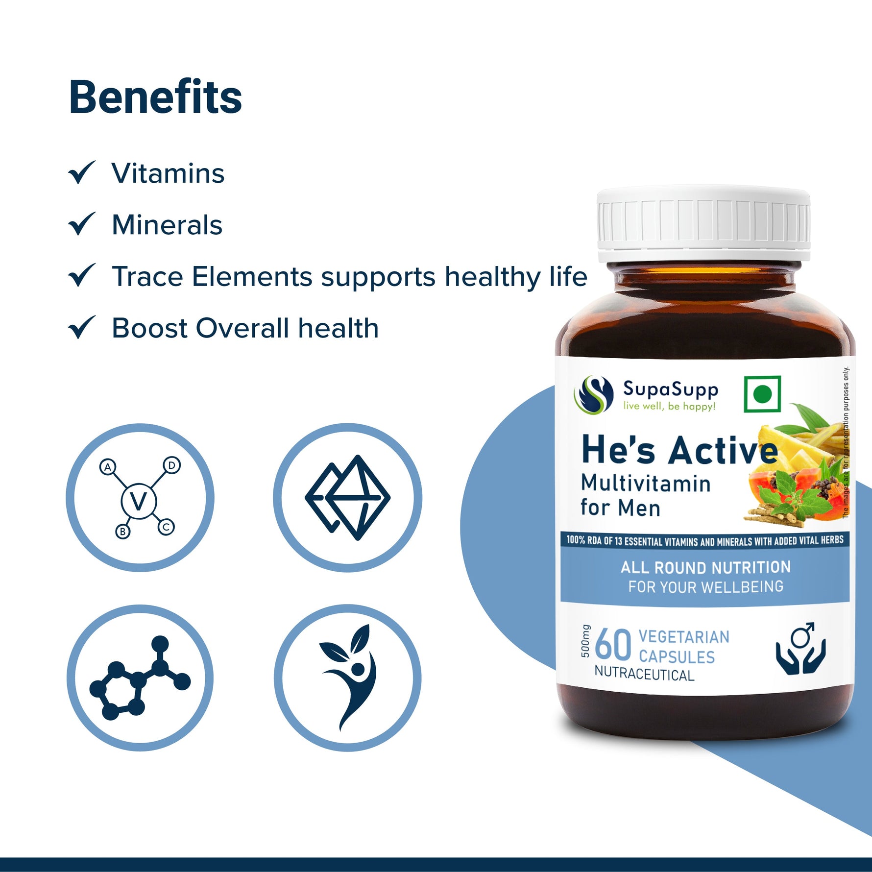 SupaSupp He's Active - Multivitamin for Men | All Round Nutrition For Men On The Go | Health Supplement | 60 Veg Cap, 500 mg