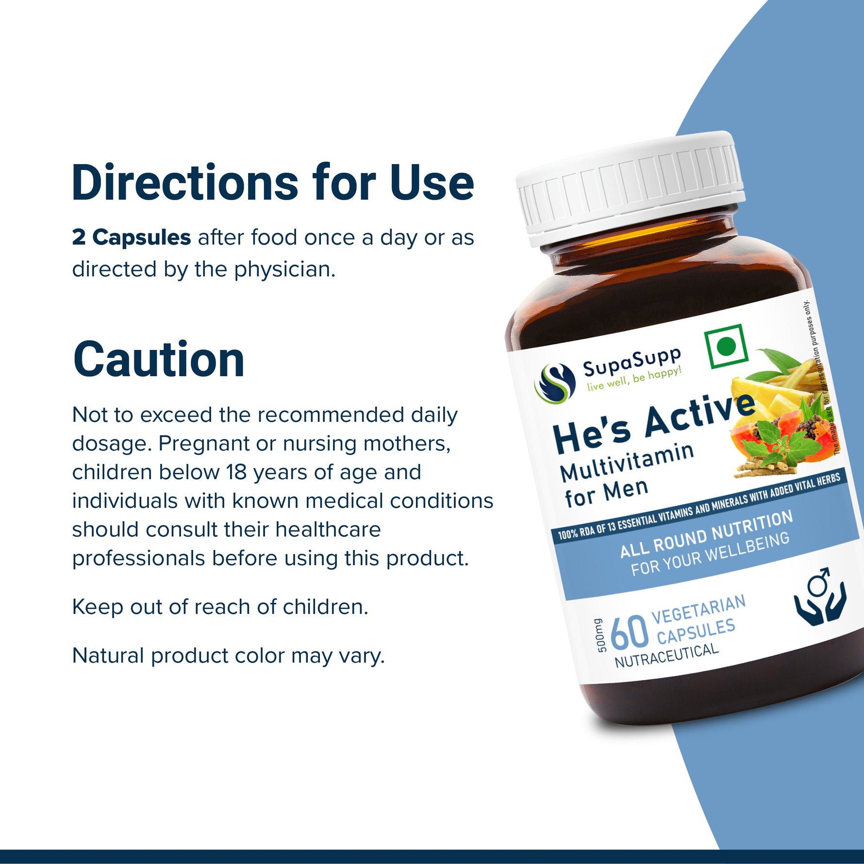 SupaSupp He's Active - Multivitamin for Men | All Round Nutrition For Men On The Go | Health Supplement | 60 Veg Cap, 500 mg
