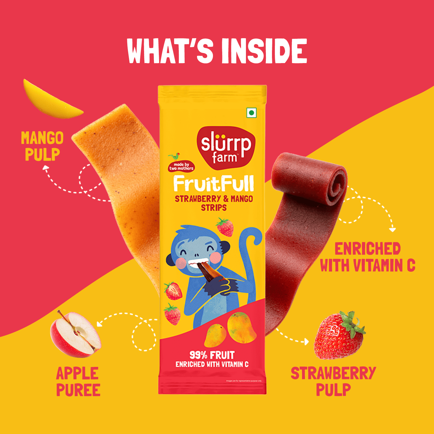 Made with 99% Fruit | FruitFull Strips - Pack of 10 for Play Dates | Strawberry and Mango