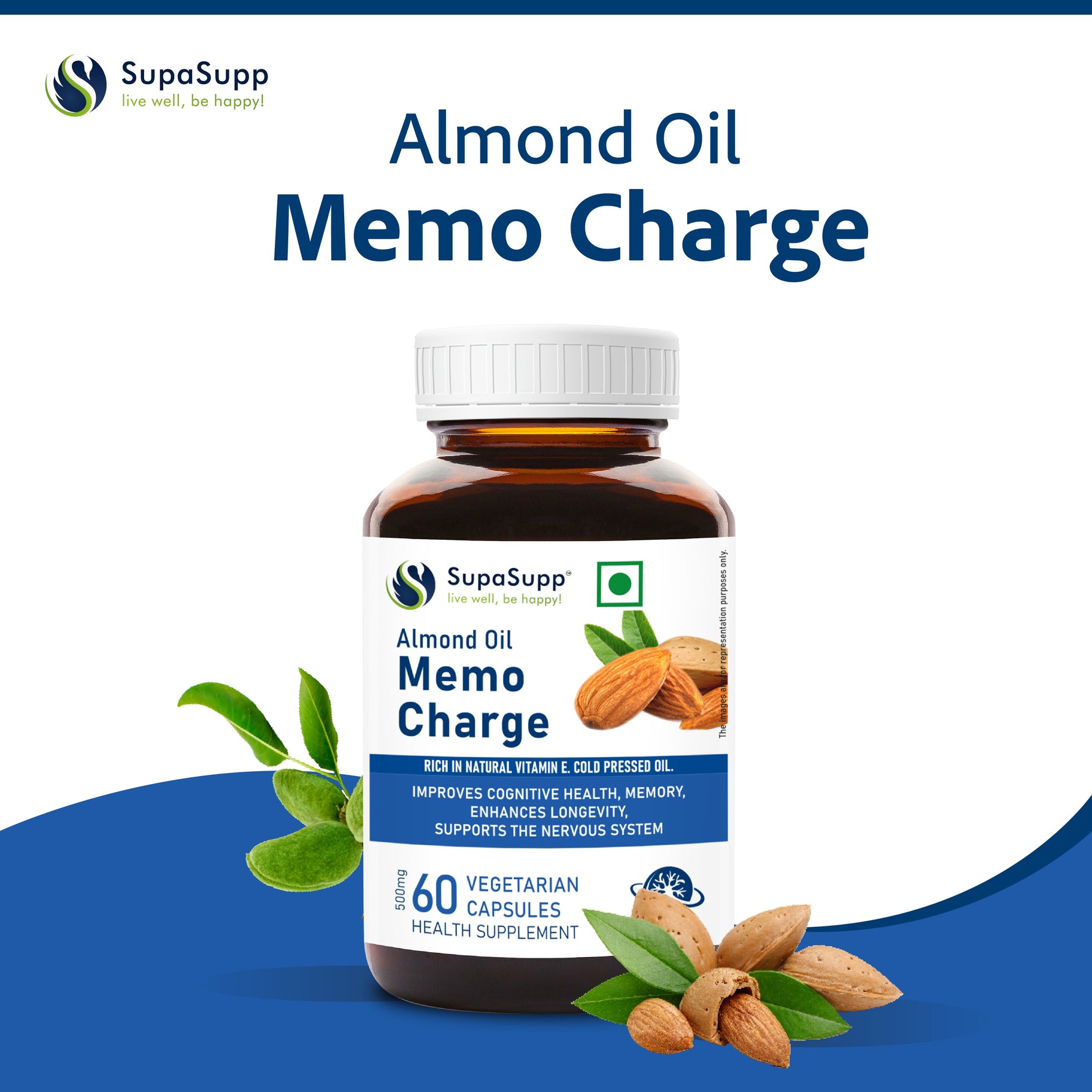 SupaSupp Almond Oil Memo Charge | Improves Memory, Enhances Longevity, Supports Nervous System | Vitamin E | Health Supplement | 60 Veg Cap, 500 mg