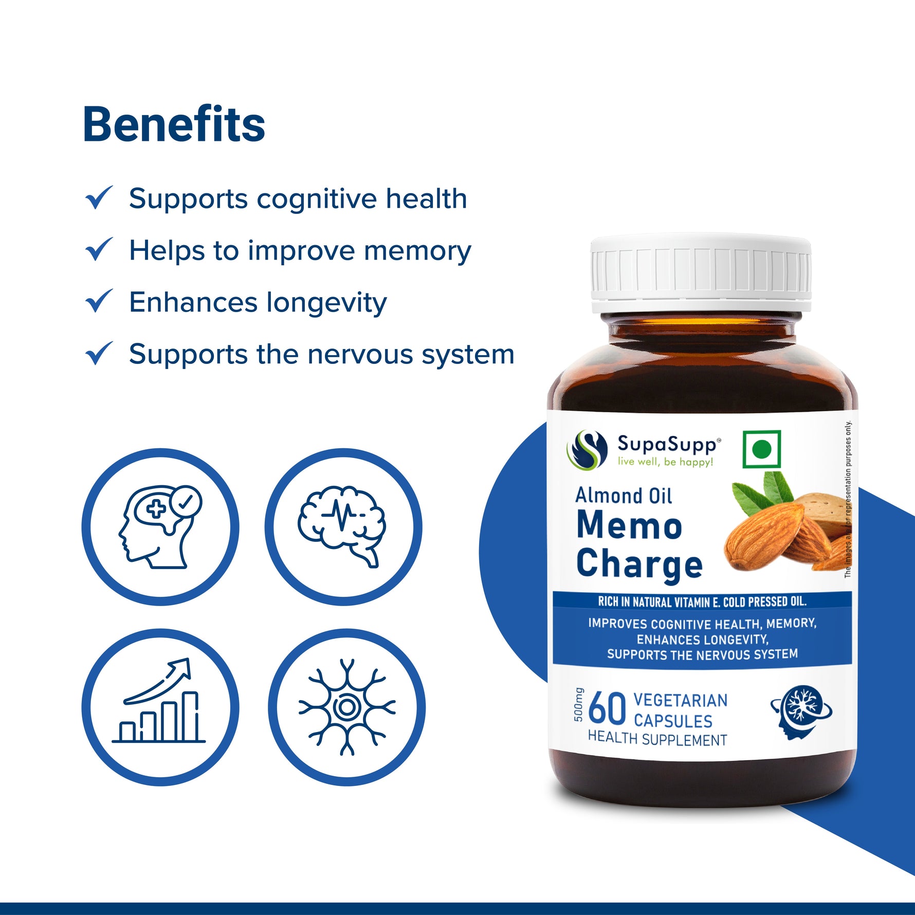 SupaSupp Almond Oil Memo Charge | Improves Memory, Enhances Longevity, Supports Nervous System | Vitamin E | Health Supplement | 60 Veg Cap, 500 mg