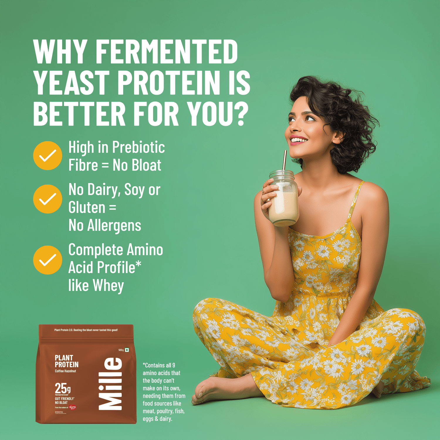 Mille Plant Protein | 25g/Scoop | Coffee Hazelnut | Fermented Yeast Protein | No Bloat I Vegan  | 500g