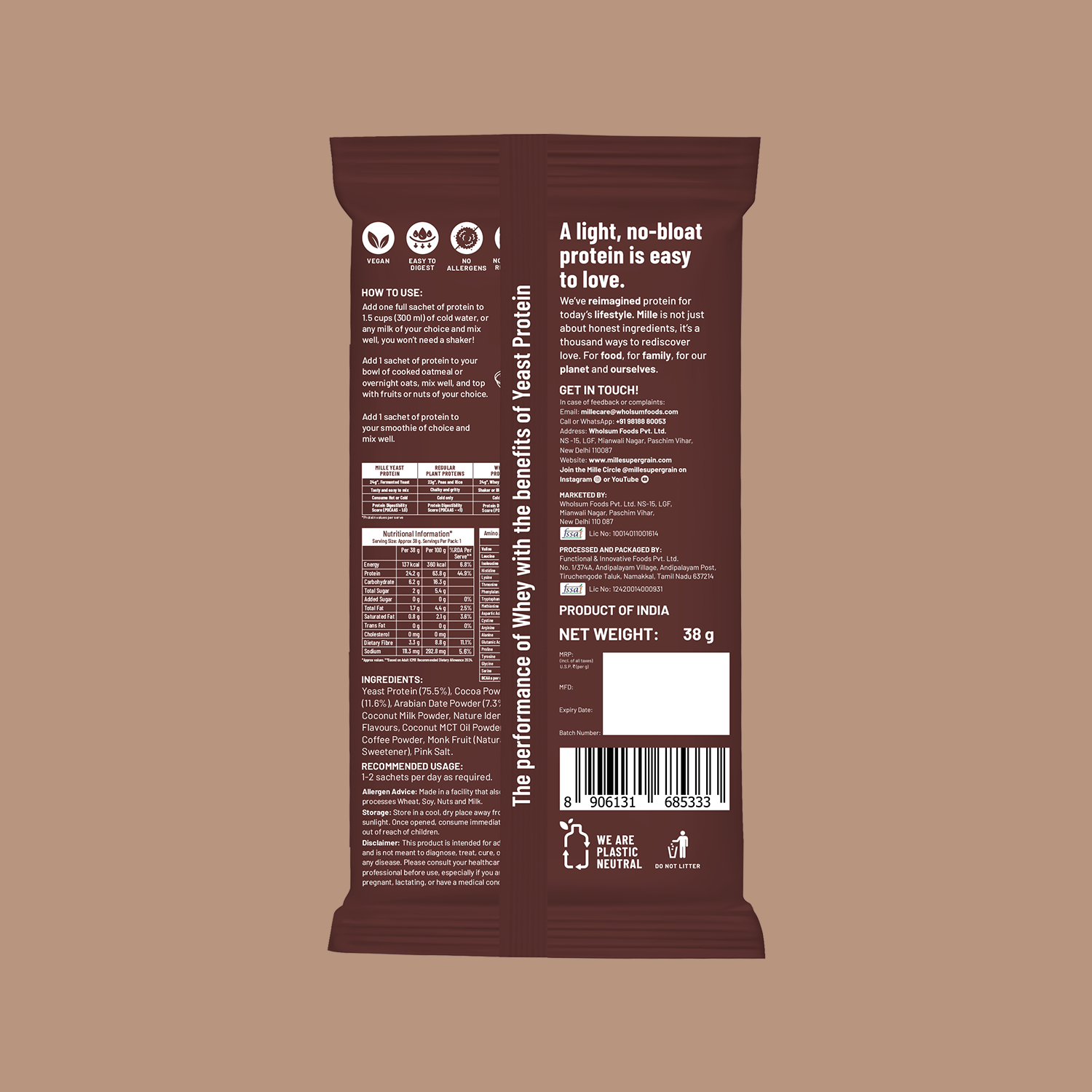 Mille Plant Protein | 24g/Scoop | Chocolate  | Fermented Yeast Protein | No Bloat | Trial Pack (Pack of 3)