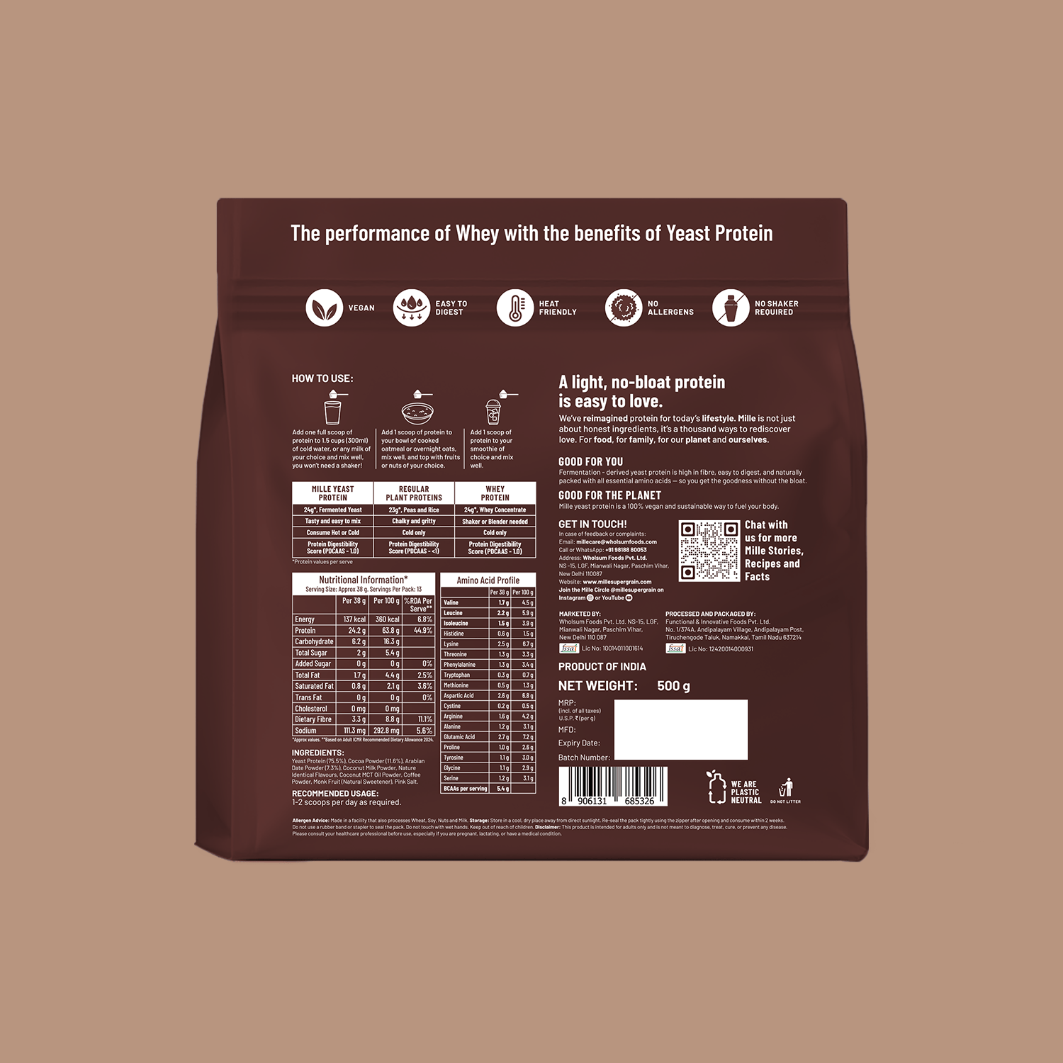 Mille Plant Protein | 24g/Scoop | Chocolate | Fermented Yeast Protein | No Bloat I Vegan |  500gm