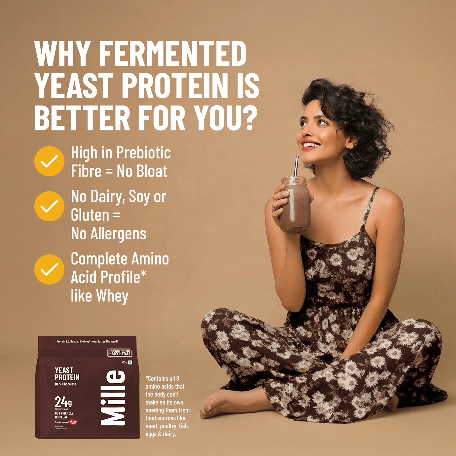 Mille Plant Protein | 24g/Scoop | Chocolate  | Fermented Yeast Protein | No Bloat | Trial Pack (Pack of 3)