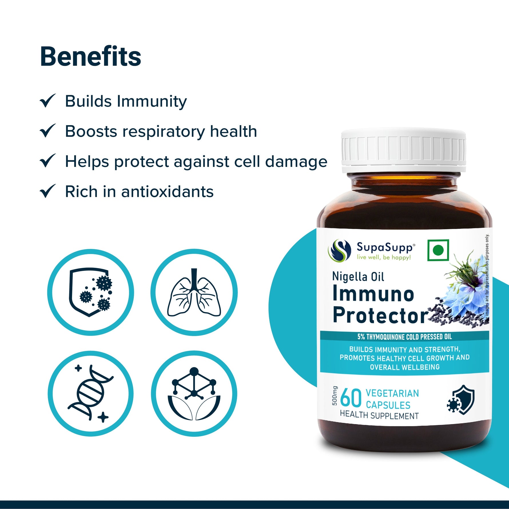 SupaSupp Nigella Oil Immuno Protector | Builds Immunity And Strength, Promotes Healthy Cell Growth And Overall Wellbeing | Health Supplement | 60 Veg Cap, 500 mg