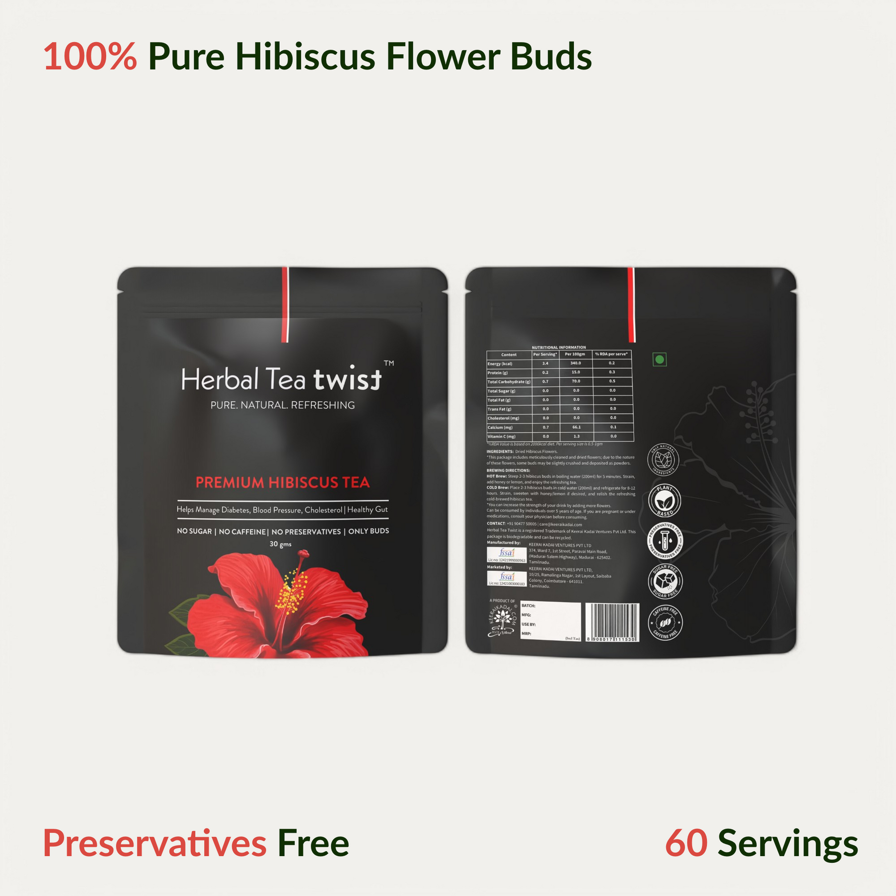 Pack of 2 Herbal Flower Teas | Hibiscus Tea & Blue Pea Tea | 120 Servings
