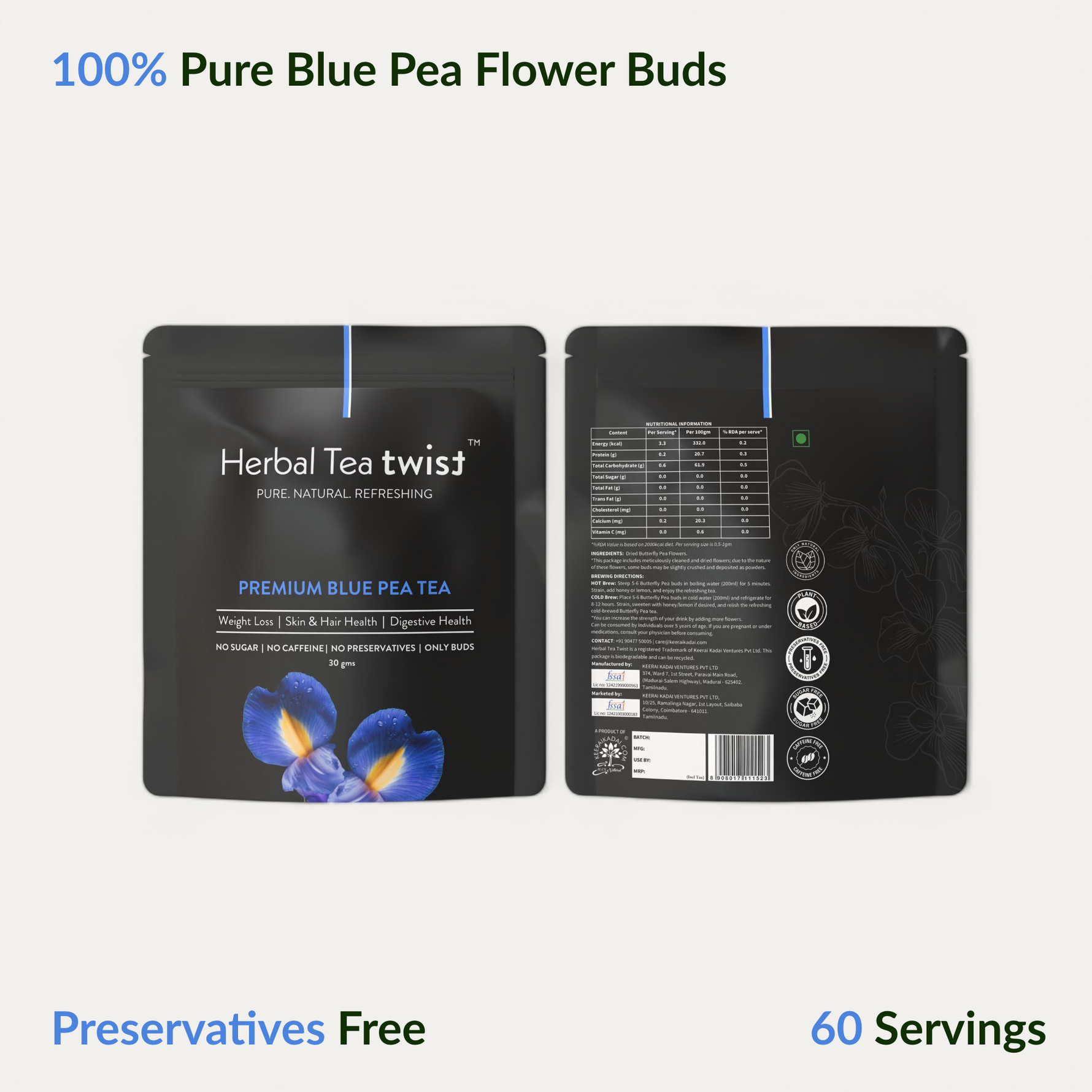 Pack of 2 Herbal Flower Teas | Hibiscus Tea & Blue Pea Tea | 120 Servings