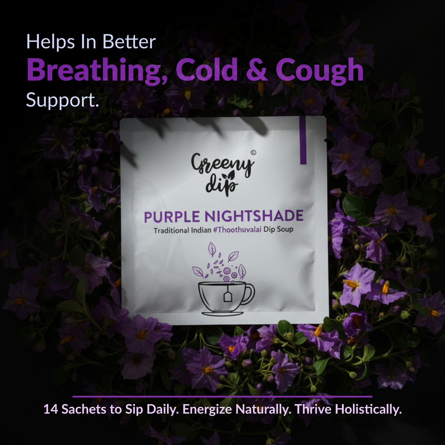 Purple Nightshade Wellness Sachets (14-Day Pack) | Lung Care | Cold & Cough Relief | Thoothuvalai Keerai