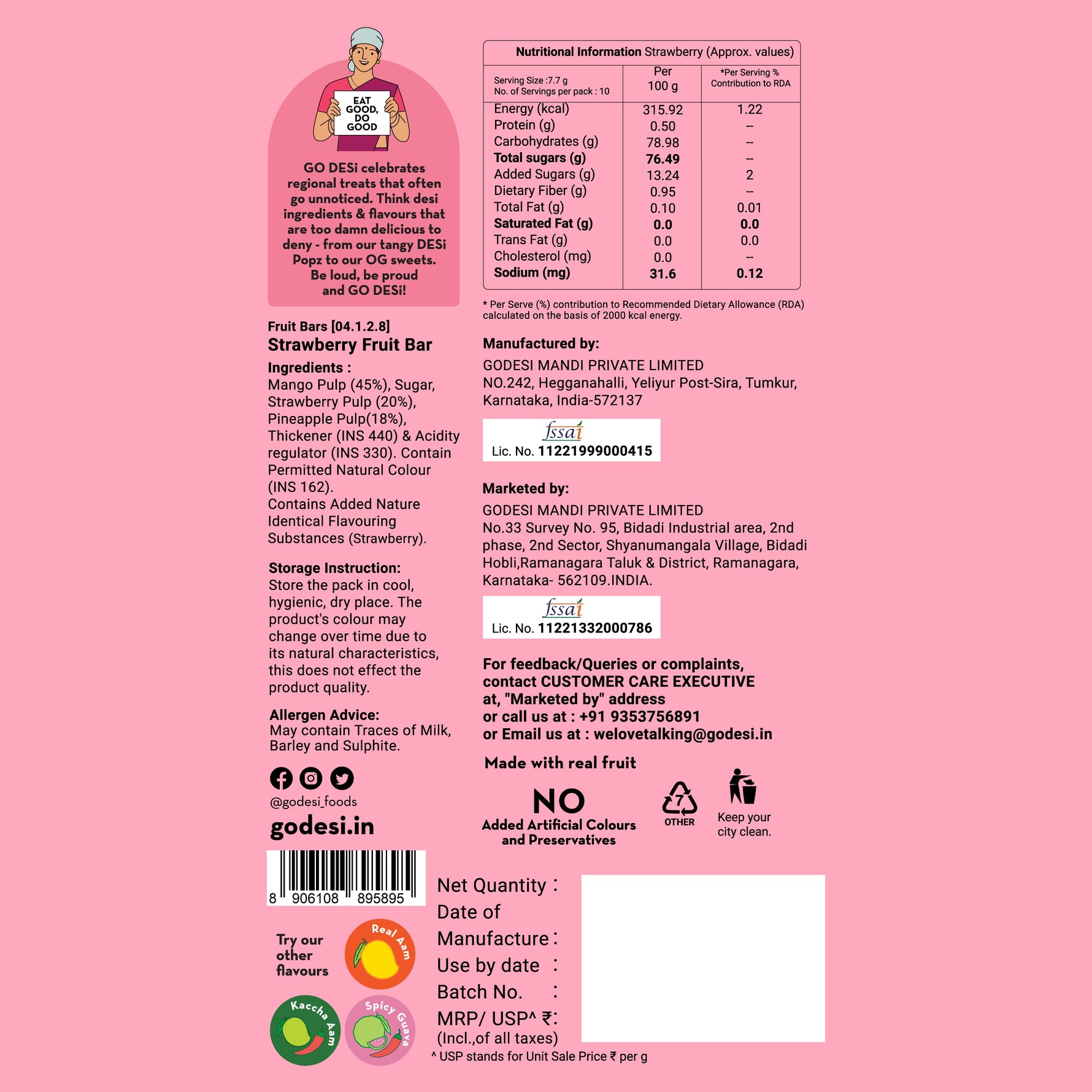 Strawberry Fruit Bar | 83% Fruit Pulp | Pack of 10