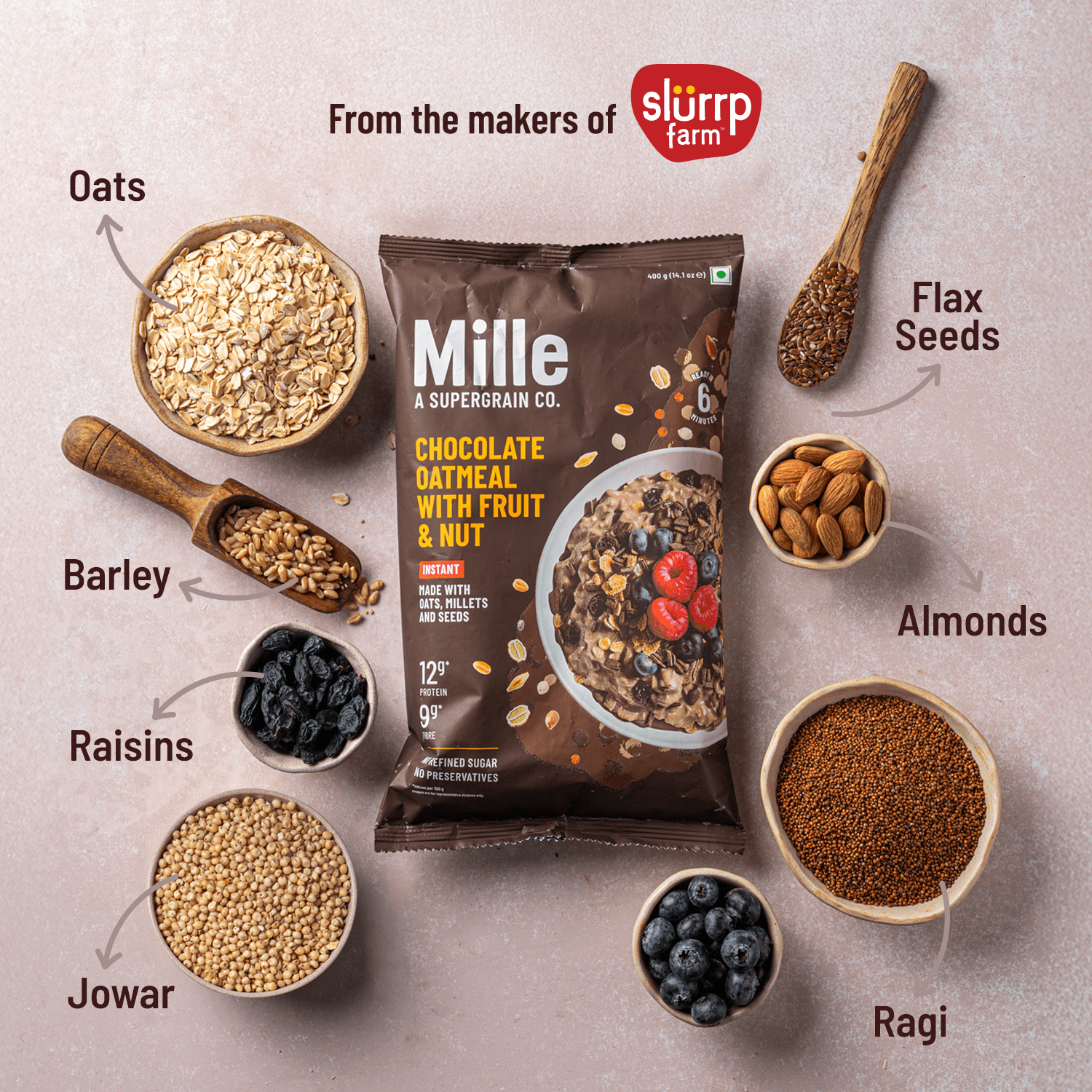 Mille High-Protein Chocolate Oatmeal with Fruits & Nuts | Healthy, High-Fiber Breakfast 400g