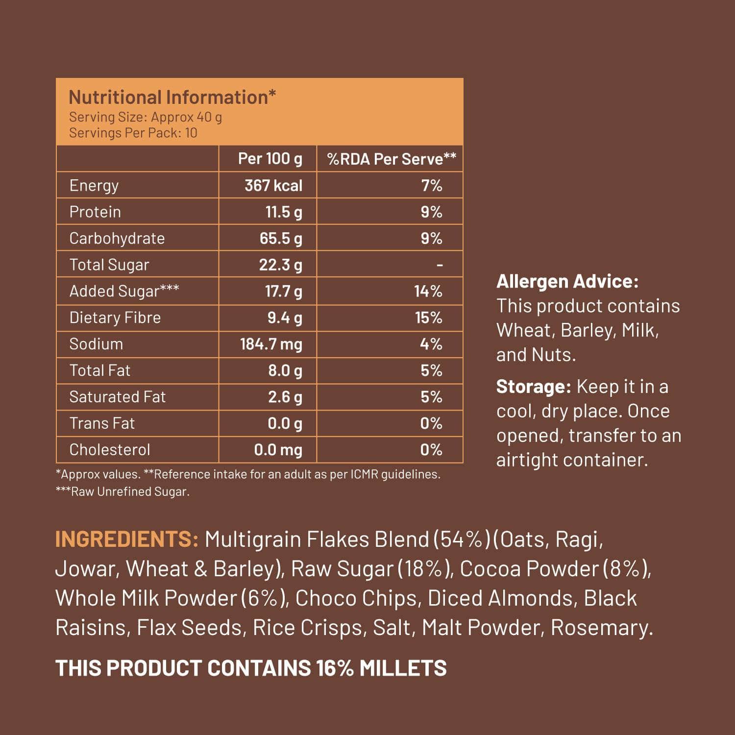 Mille High-Protein Chocolate Oatmeal with Fruits & Nuts | Healthy, High-Fiber Breakfast 400g