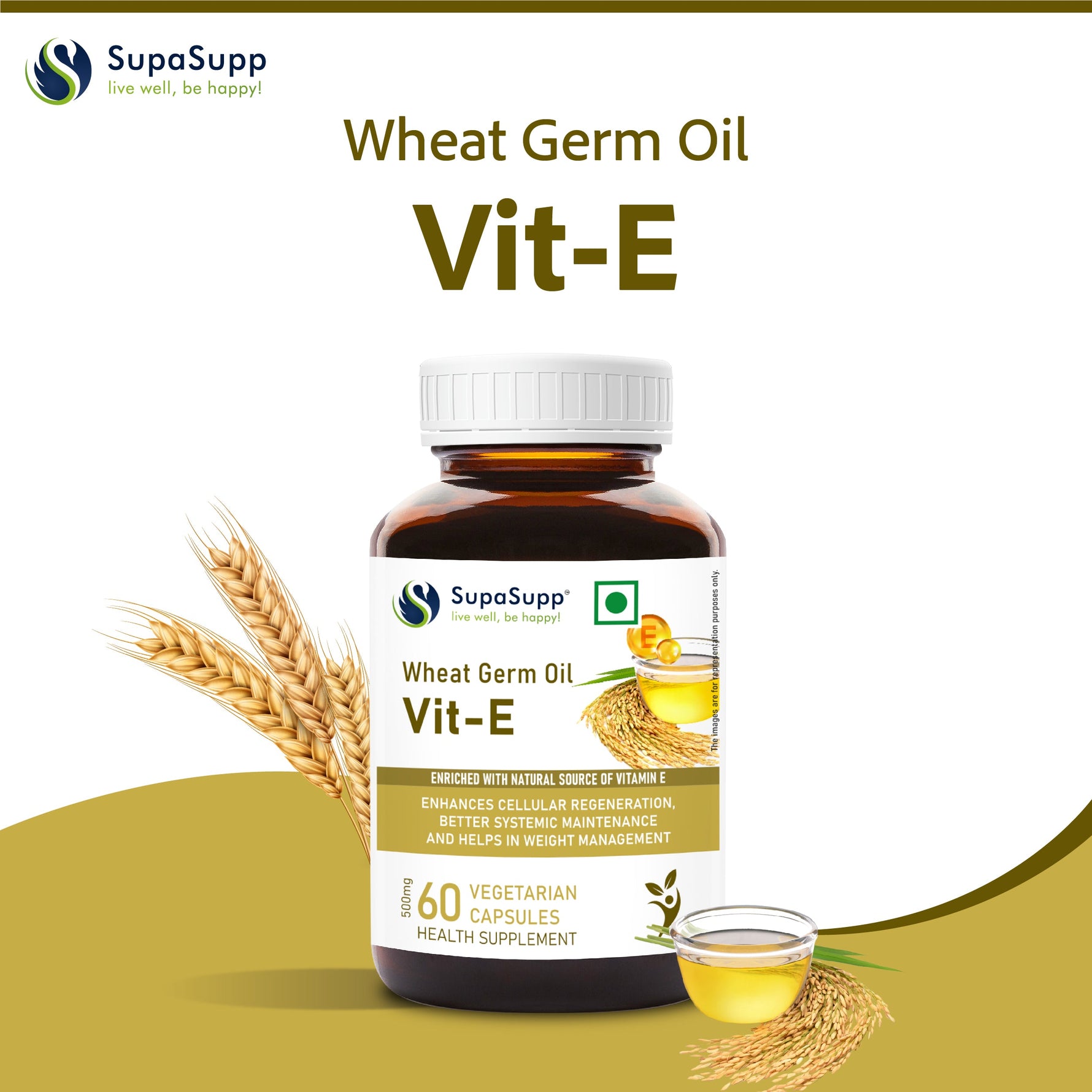 SupaSupp Wheat Germ Oil Vit - E | Enhances Cellular Regeneration, Better Systemic Maintenance |  Vitamin E | Health Supplement | 60 Veg Cap, 500 mg
