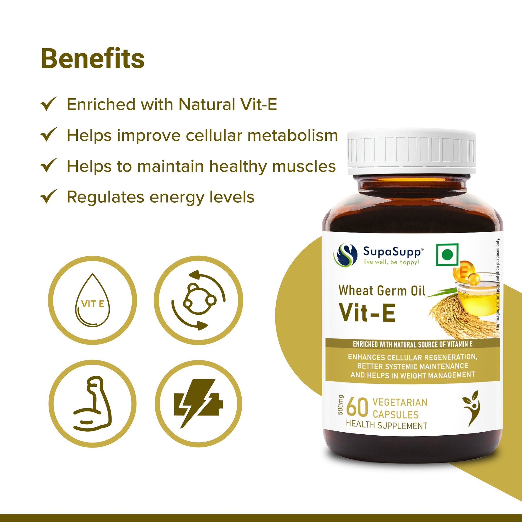 SupaSupp Wheat Germ Oil Vit - E | Enhances Cellular Regeneration, Better Systemic Maintenance |  Vitamin E | Health Supplement | 60 Veg Cap, 500 mg