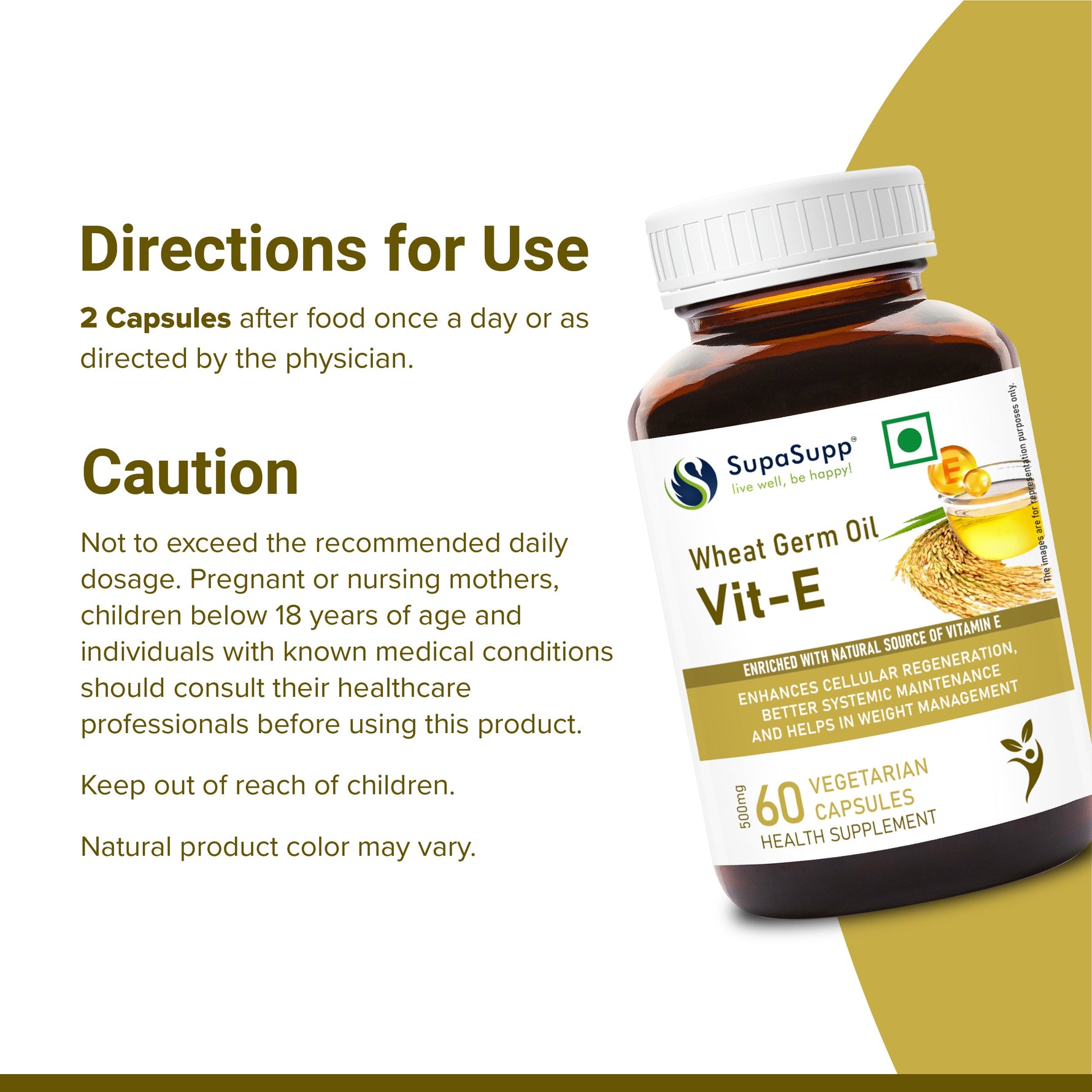 SupaSupp Wheat Germ Oil Vit - E | Enhances Cellular Regeneration, Better Systemic Maintenance |  Vitamin E | Health Supplement | 60 Veg Cap, 500 mg