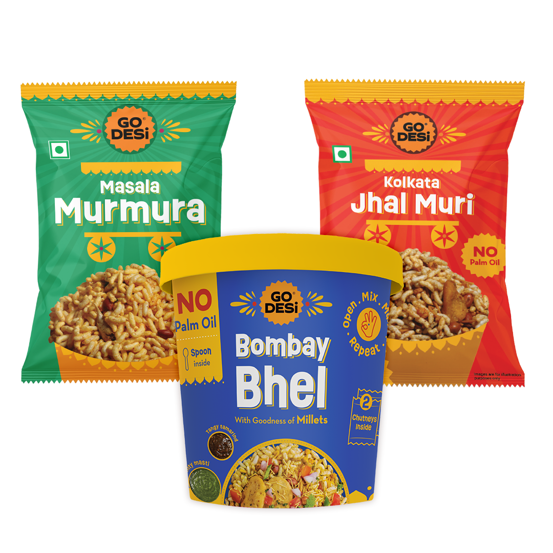 GO DESi - Kolkata Jhalmuri, Bombay Bhel & Garlic Masala Murmura | Pack of 3 | No Palm Oil