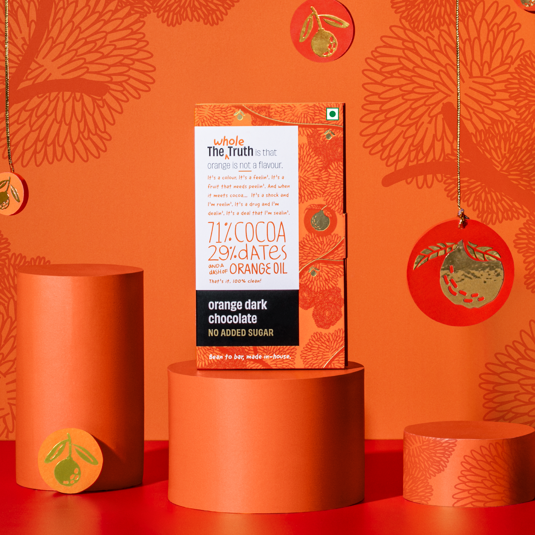 Orange Dark Cocoa Bar Sweetened with Dates - Pack of 3